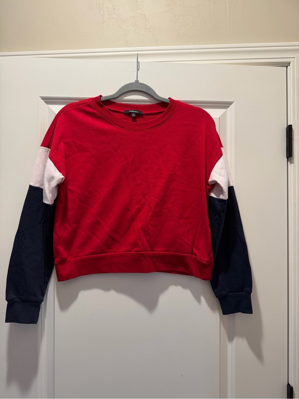Ambiance Red Crewneck Sweater with Navy and White Sleeves
